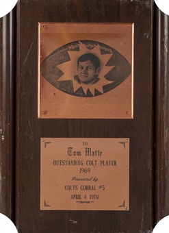 1969-1970 Tom Matte Signed Outstanding Colt Player Award (Matte LOA)